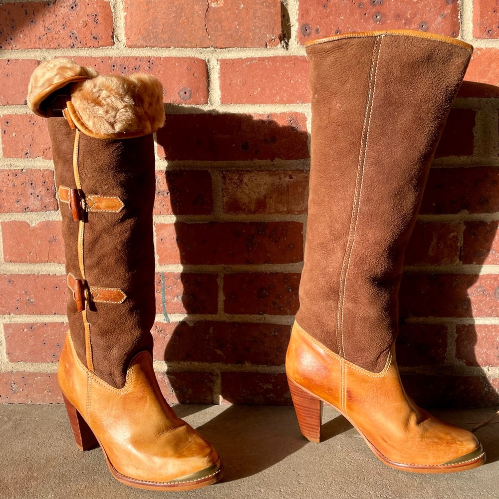 Vintage Brown Suede Cream Sherpa Lined Calf Height Heeled Boots Size 6.5 D - Picture 6 of 16